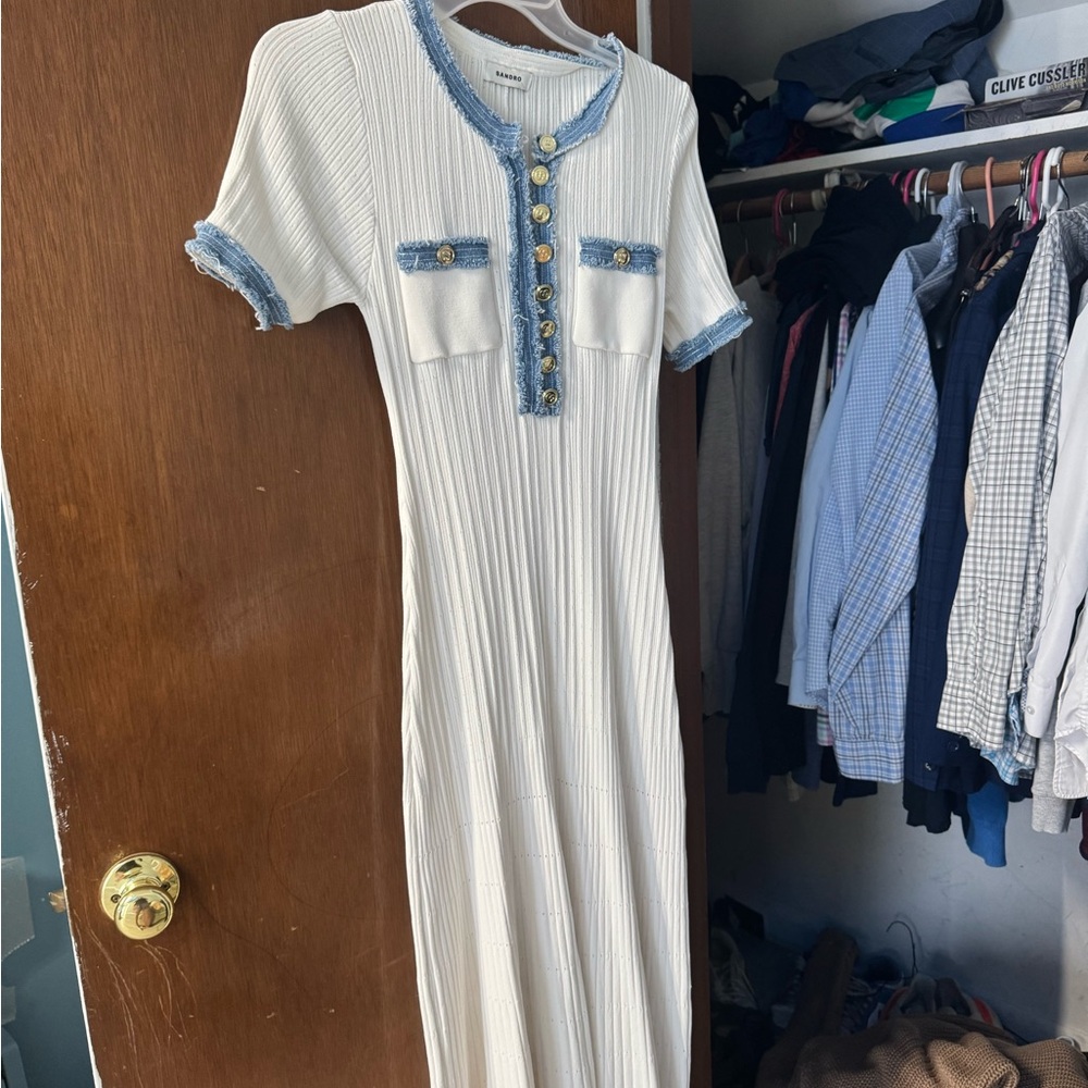White Maxi Dress with Denim Trim